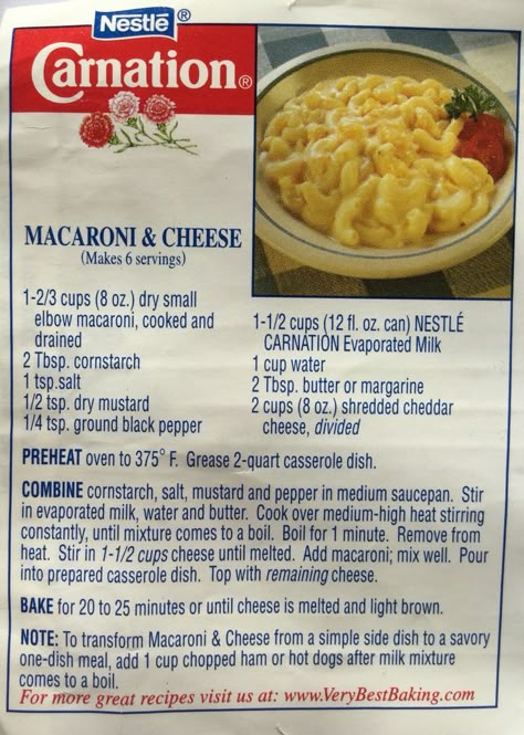 Macaroni Meals Main Dishes, Christmas Macaroni Salad, Carnation Macaroni And Cheese, Carnation Milk Mac And Cheese, Macaroni Noodle Recipes, Carnation Recipes, Carnation Milk Recipes, Homemade Mac And Cheese Recipe Baked, Carnation Milk