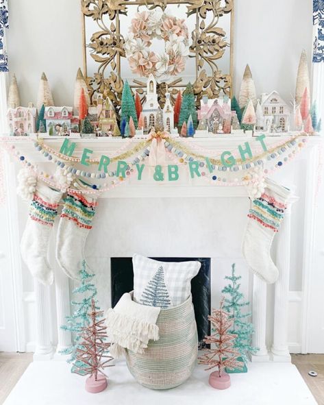 Christmas Decor Whimsical, Candy Colored Christmas, Mantel Decorating Ideas Rustic, Christmas Mantels Rustic, Christmas Mantel Decorating Ideas Simple, Christmas Fireplace Mantel Decor, Fireplace Mantel Decor Ideas, Gretchen Black, Bright Christmas Decor