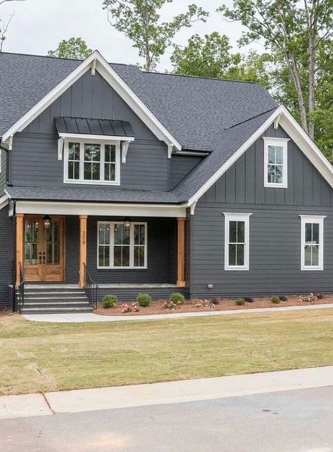 Dark House With White Trim, Grey House With Wood Shutters, Exterior House Colors With Shutters Paint Ideas, Dark Siding White Windows, Dark House White Windows, Iron Ore Siding, Iron Ore House Exterior, Iron Ore Sherwin Williams Exterior, Iron Ore Exterior