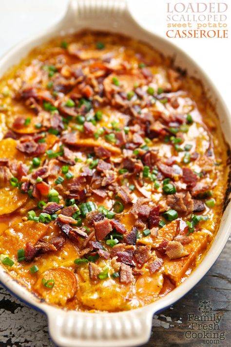 This loaded scalloped sweet potato casserole is full of autumn's cozy flavors. Fall Casserole Recipes, Fall Casseroles, Scalloped Sweet Potatoes, Sweet Potato Recipes Casserole, Savory Pies, Thanksgiving Side, Holiday Side Dishes, Fall Food, Thanksgiving Sides