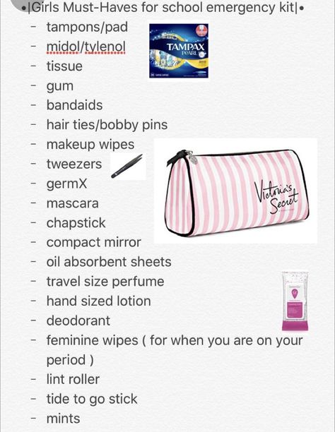 High School Essentials, Babysitting Kit, School Locker Organization, Emergency Kit For Girls, Tampax Pearl, School Emergency Kit, Night Before School, Middle School Hacks, School Bag Essentials