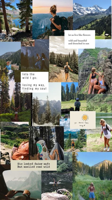 Vision Board Ideas Adventure, Adventure Vision Board Ideas, Mountain Vision Board, Hiking Mood Board, Mountain Hike Aesthetic, Hiking Vision Board, Summer Mountain Aesthetic, Adventure Astethic, Summer Vision Board Wallpaper