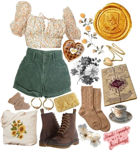 Sunny Aesthetic Clothes, Flowery Outfits Aesthetic, Casual Hufflepuff Outfit, Sunflower Outfit Ideas, Ms Honey Aesthetic Outfits, Hufflepuff Outfits Aesthetic, Sunflower Inspired Outfit, Sunshine Outfit Aesthetic, Sunflower Aesthetic Outfit