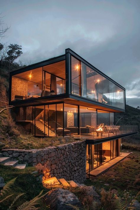 Glass-walled Façade Villa Glass Modern, Glass Front House, Modern House In Woods, Chalets Design, House Hillside, Farmhouse Design Exterior, House Built Into Hillside, Chalet Modern, Hillside Landscape