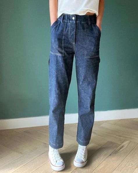 Trend watch 👀 CARPENTER TROUSERS 🔨⁠ ⁠ We are seeing several utility-style trouser patterns emerging with carpenter-inspired details, and we are here for it. This pattern was one of our most popular downloads last month and is designed with comfort in mind.⁠ ⁠ @frenchnavynow_ is proving that jeans can be comfy, very comfy indeed. The Langston Trousers feature vintage-inspired carpenter details that give them a utilitarian aesthetic. Leave the pockets and details off for a minimalist look.⁠ ⁠ G... Trousers Sewing Pattern, Bridal Shirts, Dungaree Dress, The Fold Line, Fusible Interfacing, French Navy, Pattern Brands, Long Sleeve Knit Dress, The Fold