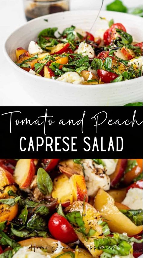 Super summery and fresh, this cherry tomato and peach Caprese salad is vibrant, healthy, and full of flavour. This peach Caprese salad is perfect for peach season. It utilizes fresh peaches, savoury basil leaves, soft mozzarella and juicy tomatoes, all combined with a tangy dressing. It’s also made super quickly! Basically, everything you want in your new favourite summer salad. Peach Caprese Salad, Peach Caprese, Peach Basil, Juicy Tomatoes, Home Grown, Cherry Tomato, Basil Leaves, Summer Salad, Caprese Salad