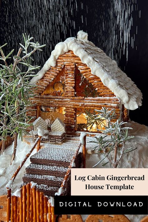 Printable log cabin gingerbread house template. Make your own log cabin gingerbread house using this template. House measures approximately 17cm wide x  16cm tall x 14cm deep. The PDF file contains 4 pages of template to be printed out, which will be available to download instantly. Then all you have to do is cut out the template pieces, lay them on your gingerbread dough, cut out each form and bake. Leave all the measuring to the template! Folklore Gingerbread House, Wood Cabin Gingerbread House, Woodsy Gingerbread House, Trees For Gingerbread House, Gingerbread Log Cabin House Ideas, Gingerbread House With Porch, Rustic Gingerbread House Designs, Forest Gingerbread House, Gingerbread Hobbit House