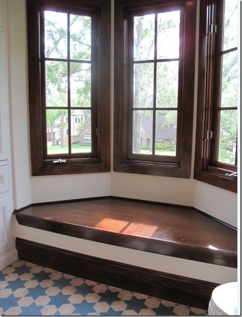 bay window seat, cement tile floor Cozy Floor Seating, Bay Windows Ideas, Bay Window Seat Ideas, Bay Window Decor, Cozy Window Nook, Bay Window Design, Booth Seating In Kitchen, Window Remodel, Windows Ideas