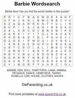 Printable Barbie Puzzles. If you love Barbie you will love these fun Barbie wordsearches, including an easy puzzle for younger kids. Spring Games For Kids, Word Games For Adults, Team Games For Kids, Easy Birthday Party Games, Rally Games, Kids Word Search, Printable Crossword Puzzles, Free Printable Word Searches, Free Printable Puzzles