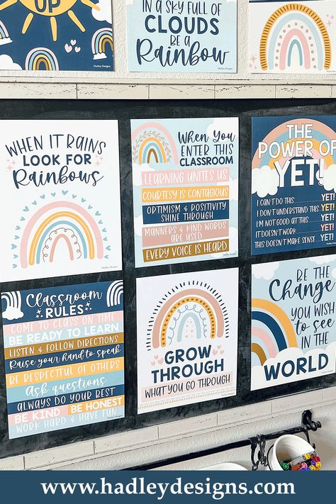 Motivate your students with these inspiring posters! Use these 9 boho rainbow classroom decor posters to build your students' growth mindset. Perfect to use as a welcome sign for classroom, motivational posters for classroom bulletin board decoration, classroom rules, or growth mindset classroom posters elementary, middle school. Inspire students with this colorful inspirational wall art for kids, blush pink color motivation wall art, and everyone is welcome here motivational classroom posters. Growth Mindset Posters Classroom, Motivational Posters For School, Growth Mindset Classroom Decor, Classroom Posters Elementary, Classroom Motivational Posters, Inspirational Classroom Posters, Classroom Motivation, Growth Mindset Classroom, Homeschool Supplies