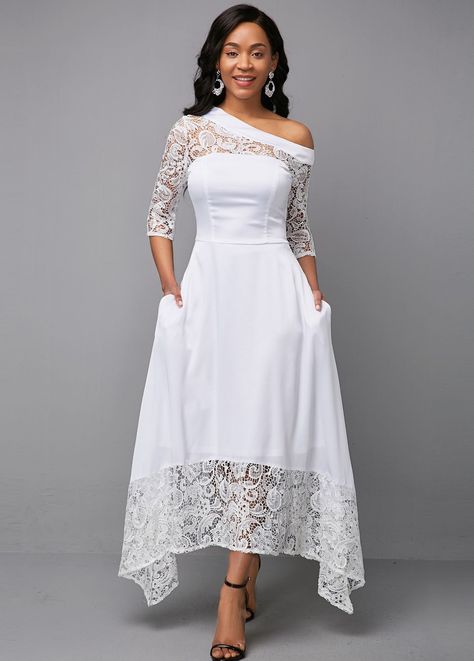 cd0dce8fca267bf1fb86cf43e18d5598desc48540083ri Elegant White Dresses, Elegant Spring Dresses, White Lace Party Dress, White Dress Styles, Women's A Line Dresses, Three Quarter Sleeve Dresses, Maxi Dress White, Dresses Club, White Maxi Dress