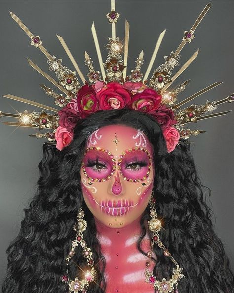 Pink Dia De Los Muertos Makeup Ideas, Candylover89 Makeup, Mexican Sugar Skull Makeup, Pink Day Of The Dead Makeup, Pink Sugar Skull Makeup, Sugar Skull Head Piece Diy, Pink Catrina Makeup, Sugarskulls Makeup, Sugar Skull Makeup Pretty