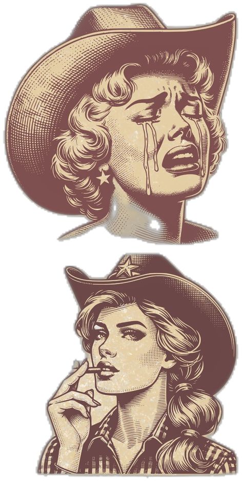 Cowgirl Gunslinger Tattoo, Pin Up Drawings Vintage, Vintage Woman Tattoo, Western Pinup, Cowgirl Portrait Tattoo, Skeleton Cowgirl, Vintage Cowgirl Illustration, Cowgirl Art Drawing, Western Grunge Tattoo