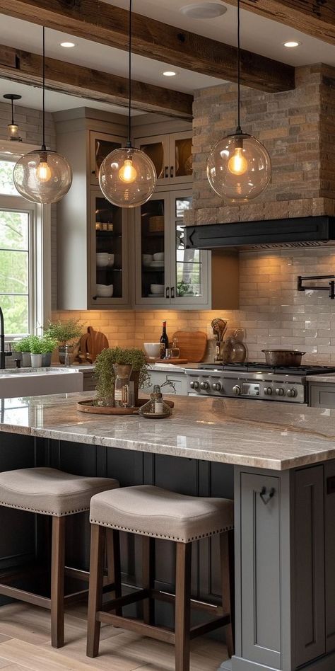 Black Windows Kitchen Interior Design, Interesting House Interior, Accent Island Kitchen, Classy Kitchen Decor, Kitchen Remodel Dark, Interesting Kitchens, Modern Rustic Lighting, Kitchens With Islands, Colonial Kitchen Ideas