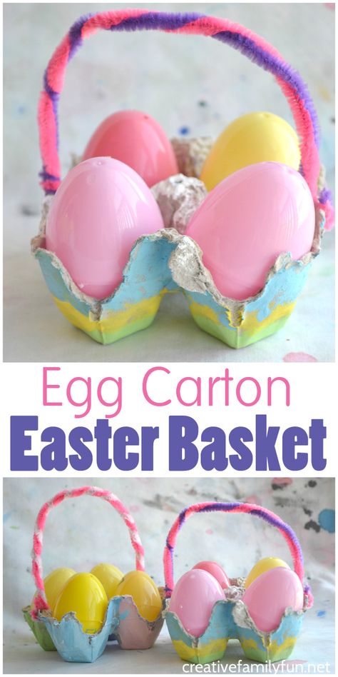 This simple Egg Carton Easter Basket craft for kids makes a fun and pretty little container to hold your plastic eggs or dyed Easter Eggs. Eggs Container, Egg Carton Easter, Easter Basket Craft, Diy Easter Eggs, Easter Basket Crafts, Easter Crafts Preschool, Easter Craft Projects, Fun Easter Crafts, Easter Preschool