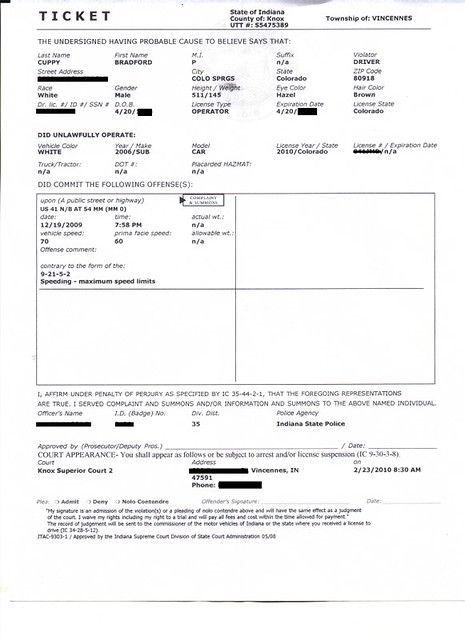 Indiana Speeding ticket - 12/19/2009 for 70 mph in a 60 mph zone Speeding Ticket, Traffic Ticket, Speeding Tickets, Indiana, Quick Saves