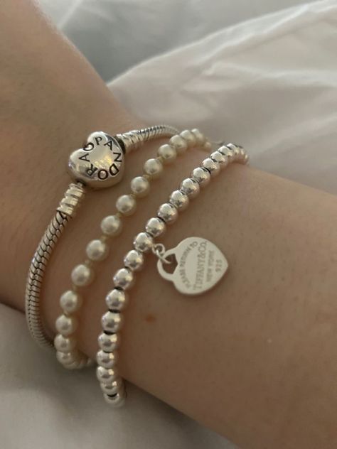 Tiffany Bracelet Stack, Tiffany Bracelet, Silver Bracelet Stack, Tiffany And Co Jewelry, Dream Bracelet, Tiffany Bracelets, Jewelry Aesthetic, Bracelet Pearl, Jewelry Accessories Ideas