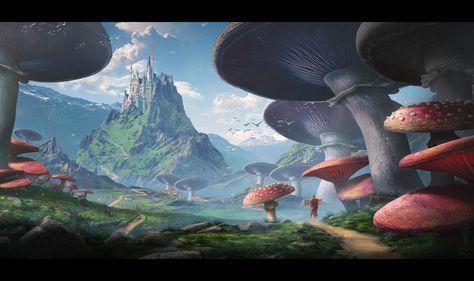 ArtStation - Long Journey Ahead..., Elkhan Kildibekov Weird Drawing Ideas, Fairy Garden Art, Wings Sketch, Giant Mushroom, Mushroom Paint, Weird Drawings, Hybrid Art, Cat Wine, Wine Glass Art