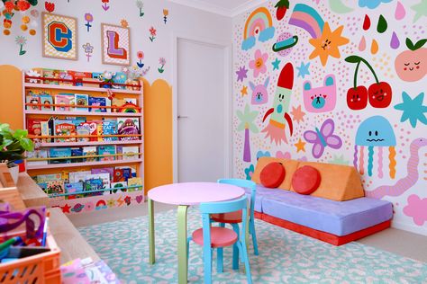 See Inside Artist Cass Danson’s Colorful Home in Melbourne | Apartment Therapy Playroom Area, Playroom Mural, Melbourne Apartment, Kids Bedroom Ideas, Kids Rooms Inspo, Colorful Playroom, Baby Room Colors, Kids Bedroom Walls, Colorful Kids Room