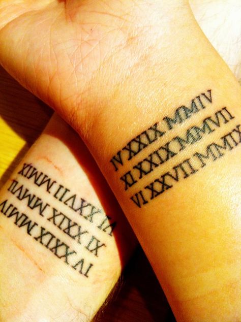 Couples Tat: Our dates of importance in roman numerals (met, engaged, wedding) Multiple Date Tattoo Ideas, Roman Numerals Tattoo, Date Tattoo Ideas, Numerals Tattoo, Married Couple Tattoos, Couple Tat, Date Tattoo, Couple Tattoos Unique Meaningful, Roman Numeral Tattoo