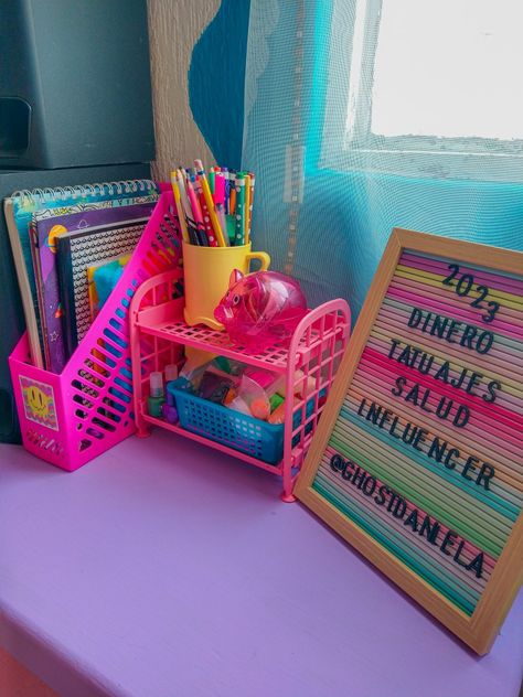 Funky At Home Office, Colorful Desk Setup, Funky Desk, Colorful Office Space, Funky Desks, Rainbow Desk, Rainbow Office, Colorful Office Design, Funky Office