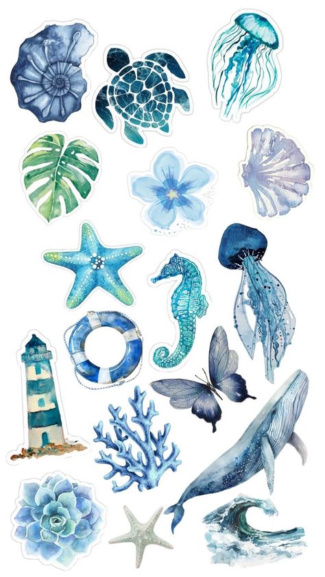 Png stickers sea, ocean Sea Journal Stickers, Florida Stickers Aesthetic, Scrapbook Sea Theme, Sea Scrapbook Ideas, Ocean Aesthetic Stickers, Under The Sea Graphic Design, Drawing Stickers Ideas, Filipino Stickers Printable, Cute Stickers Printable For Journal