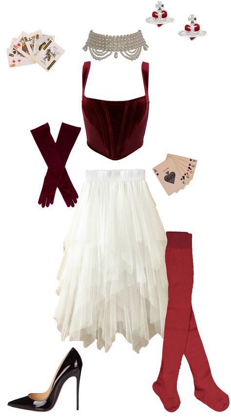 The Queen Of Hearts Outfit, Queen On Hearts Costume, Tim Burton Queen Of Hearts Costume, Card Inspired Outfit, Red Queen Costume Ideas, Queen Of Hearts Party Ideas, Lizzie Hearts Costume, Queen Of Hearts And White Queen Costume, Queen Hearts Costume