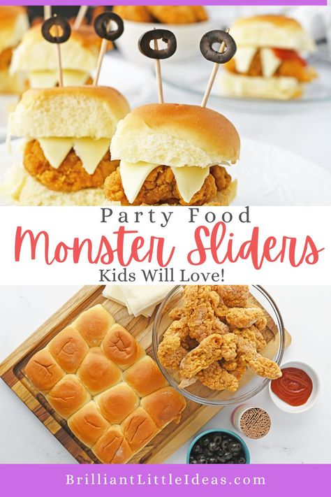 Easy Monster Chicken Sliders Halloween Party Food for Kids Monster Chicken, Halloween Party Sliders, Halloween Sliders Sandwiches, Halloween Sliders, Monster Sliders Halloween, Monster Mash Food, Monster Sandwiches Halloween, Monster Mash Party Food, Monster Mash Treats