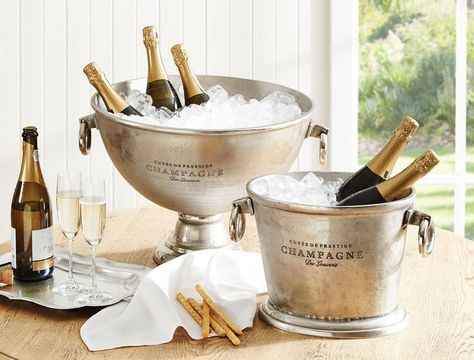 Creative Ways to Decorate with Champagne Buckets Wood Bar Cart, Barrel Bar, Champagne Cooler, Champagne Bucket, Wine Bucket, Built In Bar, Glass Front Cabinets, Bar Essentials, Ice Buckets