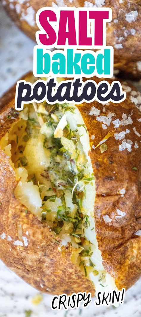 Brined Baked Potatoes, Sea Salt Baked Potatoes, Baked Garlic Butter Potatoes, Salted Baked Potatoes In The Oven, How To Make Salted Butter, Salt Potatoes Recipes, Salt Crusted Baked Potato, Salt Baked Potatoes, Idaho Potato Recipes