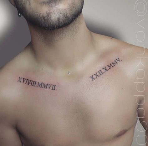 Date Chest Tattoo Men, Collar Bone Date Tattoo, Date Tattoo Ideas For Men Chest, Roman Numeral Collar Bone Tattoo, Pec Tattoo Men, Date Tattoo Ideas For Men, Dates Tattoo Ideas, Romani Tattoo, Pec Tattoo