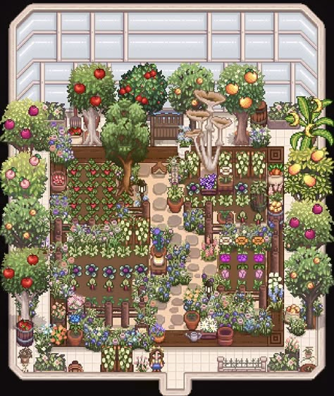 Stardew Garden Layout, Stardew Valley Foraging Farm Layout, Stardew Valley Fairycore, Stardew Greenhouse Layout, Aesthetic Stardew Valley Farms, Stardew Valley Aesthetic Farm, Stardew Valley Greenhouse Layout, Stardew Greenhouse, Stardew Valley Beehive Layout