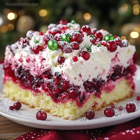 Christmas Cranberry Poke Cake - Festive Holiday Dessert - Recipes By Clare Cranberry Christmas Poke Cake, Sparkling Cranberry White Chocolate Cake, Iced Christmas Cranberry Pound Cake, Cranberry Coconut Cake, Cranberry Trifle Recipe, Dairy Free Poke Cake, Cranberry Casserole Recipes, Christmas Jello Poke Cake Recipe, Desserts Using Cake Mix Boxes Christmas