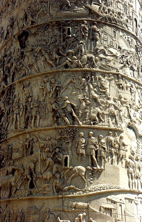 Trajan’s Column, completed in AD 113, the freestanding column is most famous for its spiral bas relief, which artistically describes the epic wars between the Romans and Dacians (101–102 and 105–106). Its design has inspired numerous victory columns, both ancient and modern.  The structure is about 98 ft in height, 125 ft including its large pedestal. Arch Of Titus, Trajan's Column, Imperiul Roman, Rome Antique, Roman Sculpture, Travel To Italy, Roman Architecture, Art Ancien, Italy Photography