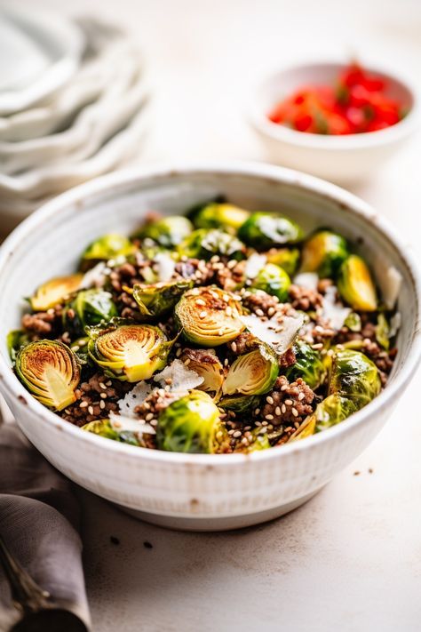 Brussel Sprout And Hamburger Recipes, Brussel Sprout Recipes Meal, Ground Beef Brussels Sprouts, Brussels Sprouts Ground Beef, Ground Beef And Brussels Sprouts, Ground Beef Brussel Sprout Recipes, Brussel Sprouts And Ground Beef, Ground Beef Brussel Sprouts, Beef And Brussel Sprout Recipes