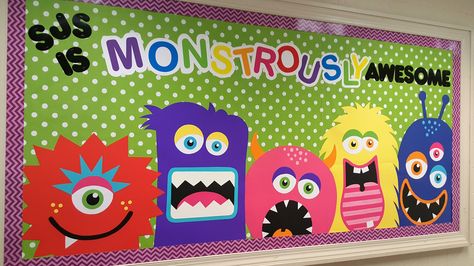 Monster Bulletin Board                                                                                                                                                                                 More Halloween Decorations Bulletin Boards, Monsters Bulletin Board Ideas, Monster Classroom Theme Ideas, Monster Bulletin Board Ideas, Monster Classroom Door, Preschool Classroom Door Ideas, Preschool Classroom Door, Monster Bulletin Boards, Classroom Door Ideas