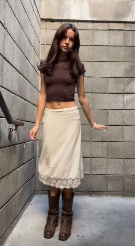 Cowgirl Boot Skirt Outfit, White Skirt Brown Boots Outfit, Brown Boots Outfit Spring, Long Skirt Cowboy Boots, Long Skirt With Cowboy Boots, Brown Long Skirt Outfit, Slip Skirt Outfit Winter, Long Brown Boots Outfits, Long Brown Skirt Outfit