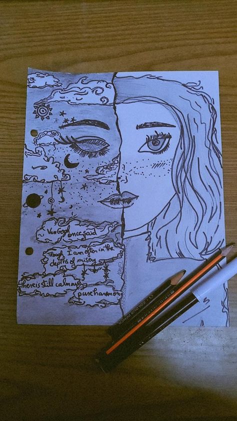 #sky #moon #sun #girl #thinking #black #white #help Half Drawing Half Picture, Normal Drawing, Half Drawing, Different Pictures, Out Of My Comfort Zone, Comfort Zone, Starry Night, I Want, Drawings