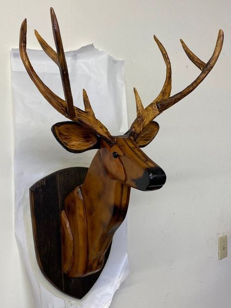 Wooden Deer Head, Wood Deer Head, Wooden Deer, Deer Antler Decor, Barn Siding, Barn Wood Crafts, Stag Head, Wood Animal, Outdoor Furniture Plans