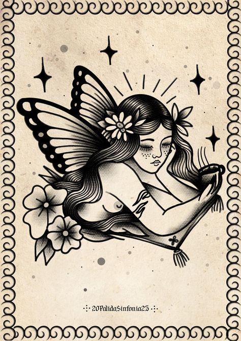 Fairy Tattoo Traditional, American Traditional Fairy Tattoo, Traditional Fairy Tattoo, Illusion Tattoo, Traditional Tattoo Black And White, New Tattoo Styles, Jack Skellington Tattoo, Illusion Tattoos, Optical Illusion Tattoos