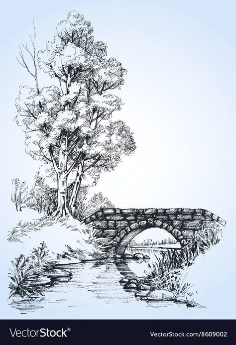 River Pen Drawing, Bridge Over River Drawing, Theme Park Sketch, Forest With River Drawing, Landscape Drawings Pencil Sketches, How To Draw A Bridge, Stone Bridge Drawing, Landscape Drawings Pencil, Stone Sketch