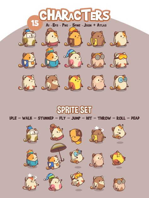 We have prepared a unique set of character sprites for you: Cute Cats Game Character Sprites. These sprites will inspire you to create many new and interesting ideas in your game world. The set includes 15 characters, each of which is represented in the form of adorable cats. These sprites are made in a popular cartoon style and are ideal for integration into a wide variety of game genres: from children’s games, adventures and quests to RPGs, MMOs, battles and fantasy. Cat Game Character, 2d Game Design, Character Sprite Sheet, Sprite Character, Cat Character Design, Game Genres, Top Down Game, Character Sprites, Sprite Sheet