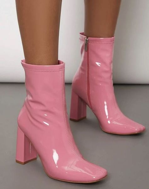 Pink Gogo Boots Outfit, Hslot Shoes, Ankle Gogo Boots, Pink Gogo Boots, Barbie Core Outfit, Gogo Boots Outfit, Pink Ankle Boots, Ankle Boots Pointed Toe, Medium Heel Shoes