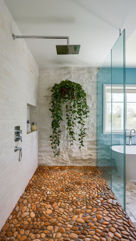 Half Wall Shower 23 Ideas: Elevating Your Bathroom Design Bathroom With Pebble Shower Floor, Pebble Flooring Bathroom, Bathroom Sand Tiles, Pebble Shower Floor River Rocks, Half Stone Wall, Pebble Floor Shower Ideas, Pebble Floor Shower, Pebble Stone Shower Floor, Shower With Pebble Floor