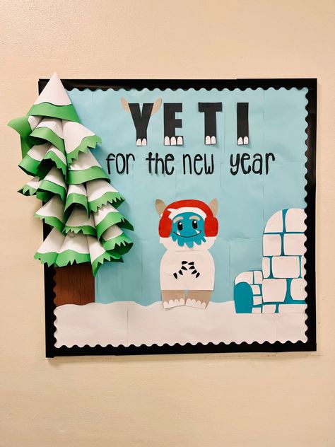 Winter Pta Bulletin Board Ideas, 3d Winter Bulletin Boards, Yeti Decoration Ideas, Yeti Christmas Decorations, Igloo Bulletin Board Ideas, Yeti Classroom Door, Snowglobe Bulletin Board Ideas, December Bulletin Board Ideas For School, Yeti Bulletin Board Ideas