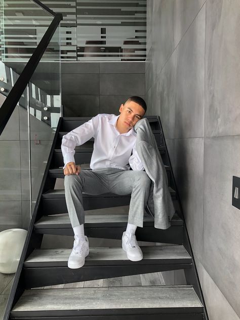 Suits And Cars Men, Suit With Nike Sneakers, Suit With Air Force 1 Men, Suit And Sneakers Men Outfits, Suit With Sneakers Mens, Suit With Sneakers, White Air Force 1 Outfit Men, All White Superstars, Outfits With Air Forces