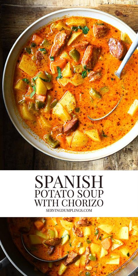 Spanish Chorizo And Potato Soup, Spicy Chorizo Soup, Spanish Chorizo Soup, Chorizo And Potato Soup, Soup Recipes With Half And Half, Spanish Potato Soup With Chorizo, Chorizo Kale Soup, Chorizo Sausage Soup, Potato Chorizo Soup