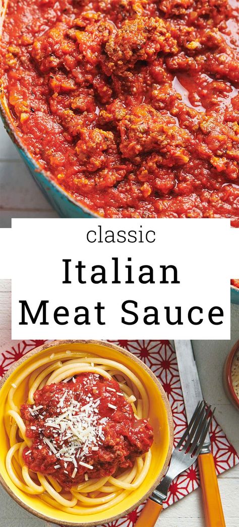 Classic Italian Meat Sauce / If your family loves a great meat sauce, then a pot of this in the fridge freezer is just pure peace of mind. Quick Meat Sauce, Meat Pasta Sauce Recipes, Pasta Meat Sauce Recipes, Italian Meat Sauce Sunday Gravy, Authentic Italian Meat Sauce, Meatsauce Crockpot, Italian Sauces For Pasta, Italian Meat Sauce Authentic, Speggetti Sauce Recipe Meat