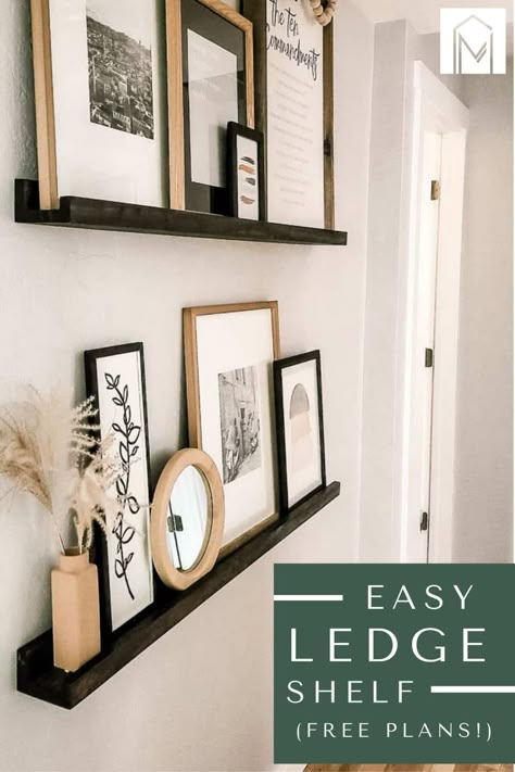 Black Picture Ledge Ideas, Shelf Frames Ideas, Shelf With Picture Frames, Photo Ledge Display, Diy Picture Ledge, Home Decor Diy Ideas, Ledge Shelves, Decor Diy Ideas, Ledge Shelf