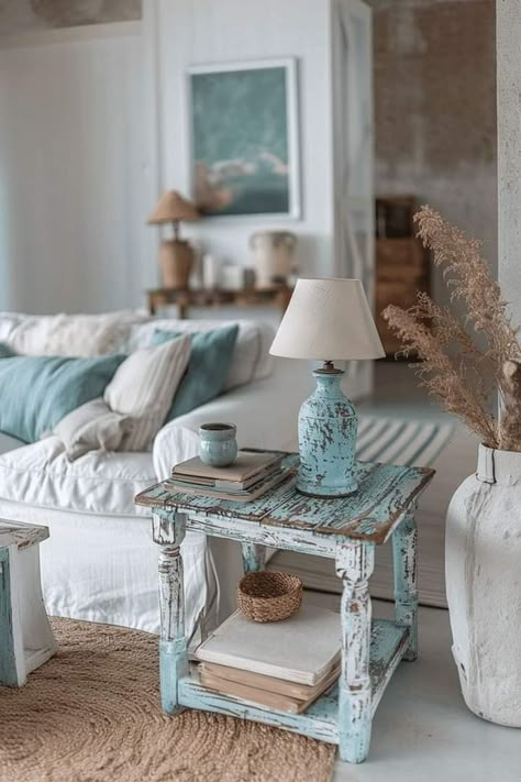 Cottagecore Living Room Ideas, Shabby Chic Side Table, Turquoise Cottage, Cottagecore Living Room, Soft Cottagecore, Wood Coffee Table Rustic, Window Seat Storage, Cottagecore Living, Coastal Farmhouse Decor